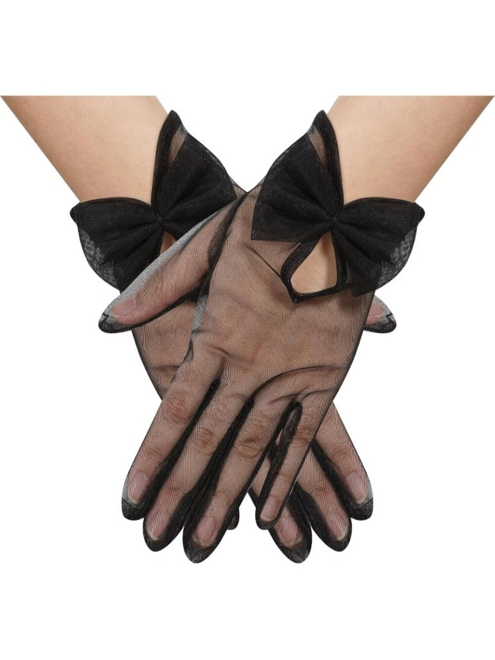 Women's Black Lace 1920s Opera Party Tulle Wrist Length Short Sheer Mesh Gloves
